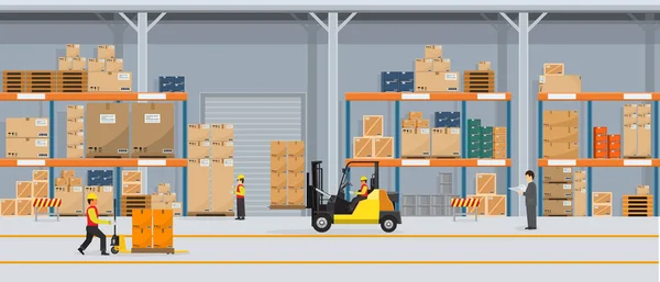 Interior del almacén con cajas en rack y gente trabajando. Vector plano y estilo de color sólido Logistic Delivery Service Concept illustration . — Vector de stock