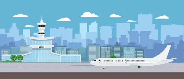 Uçak kalktıktan ile Havaalanı Terminal Binası. Düz ve katı renk tasarım Havaalanı manzara. Vektör çizim. — Stok Vektör