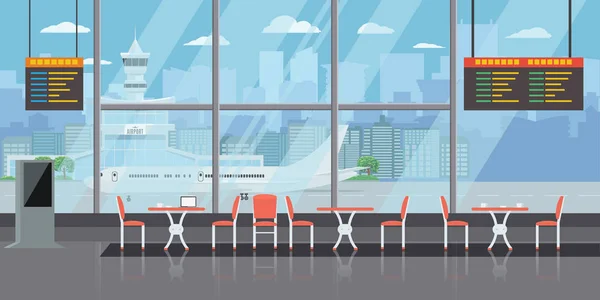 Fond de hall à l'aéroport avec des tables basses vides et des chaises. Illustration vectorielle de style couleur unie et plate . — Image vectorielle