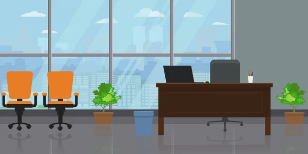 Interior de escritório amplo moderno vazio com grande janela e vista de paisagem urbana. Ilustração vetorial de cor plana e sólida . — Vetor de Stock