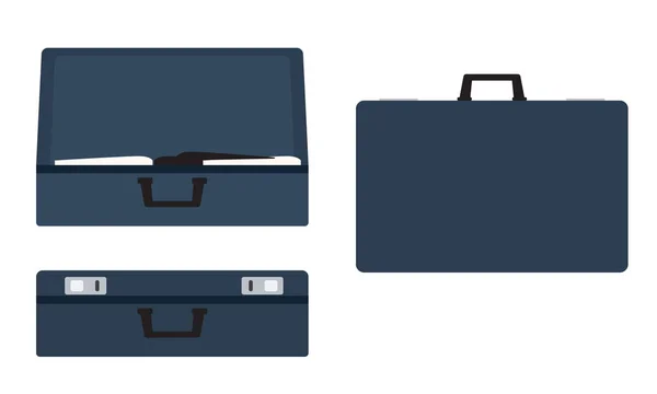 Leather suitcases set open, closed and side view positions. Flat color vector illustration. — Stock Vector