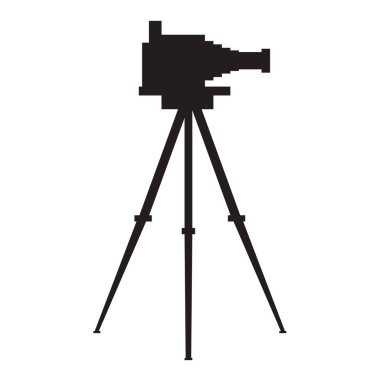 Eski antika fotoğraf makinesi tripod siluet ile. Düz renk vektör çizim.