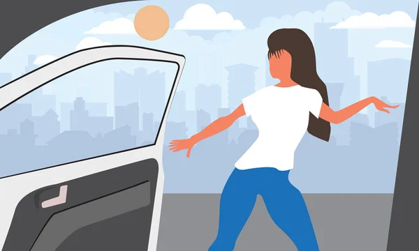 Vektor-Illustration der trendigen viralen Tanz-Herausforderung, während sich das Auto bewegt und die Tür geöffnet wird. — Stockvektor