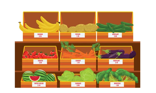 신선한 야채 구색과 선반입니다. 나무 식료품 상자입니다. 일러스트 벡터입니다. 플랫 컬러 디자인. — 스톡 벡터