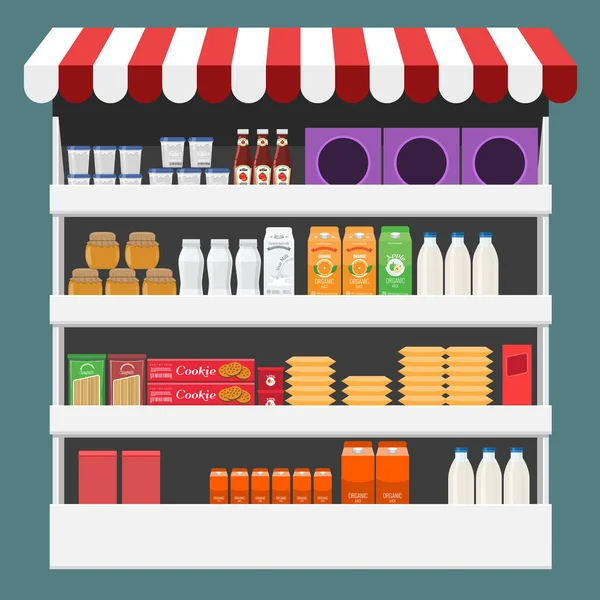 Verschillende vakken van de producten, verpakkingen en flessen op de plank bij opslaan. Plat en effen kleur design. — Stockvector