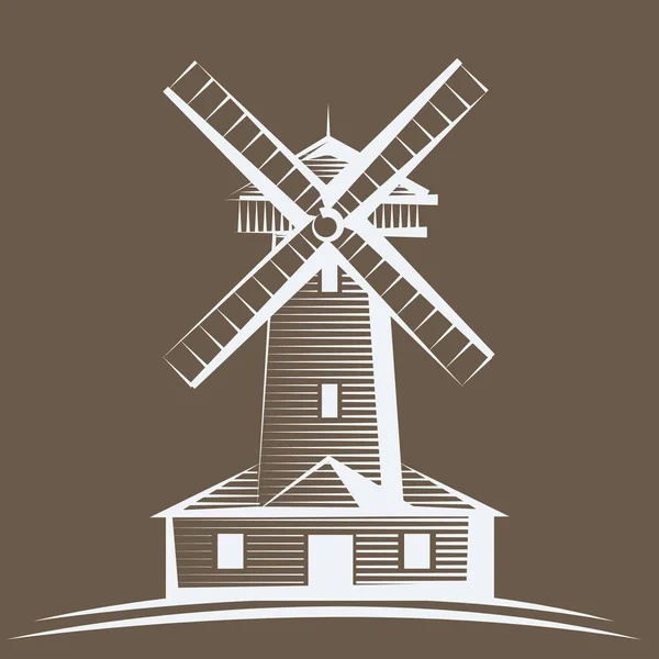 Antiguo molino de madera, logotipo o etiqueta del molino de viento. Concepto de la agricultura tallado icono de estilo dibujado a mano. Ilustración vectorial — Vector de stock