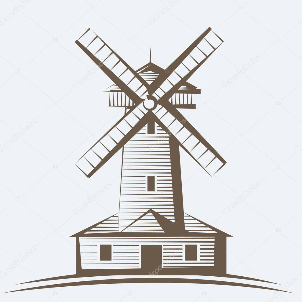 Old wooden mill, windmill logo or label. Farming concept carving hand drawn style icon. Vintage vector illustration