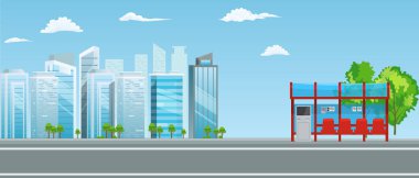 Empty Bus Stop with City Skyline Flat Design Style. clipart