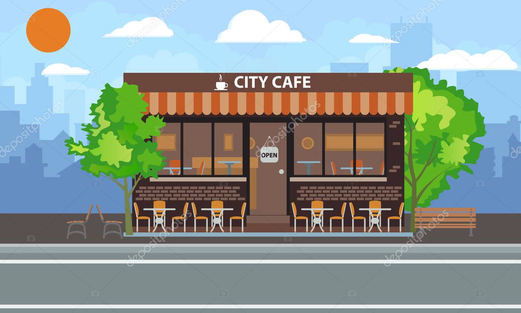 Central cafe building exterior with summer terrace, tables, chairs and trees. City landscape concept Vector flat illustration. Solid color design.