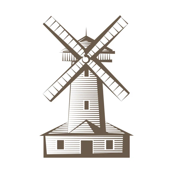 Antiguo molino de madera, logotipo o etiqueta del molino de viento. Concepto de la agricultura tallado icono de estilo dibujado a mano. Ilustración vectorial — Vector de stock