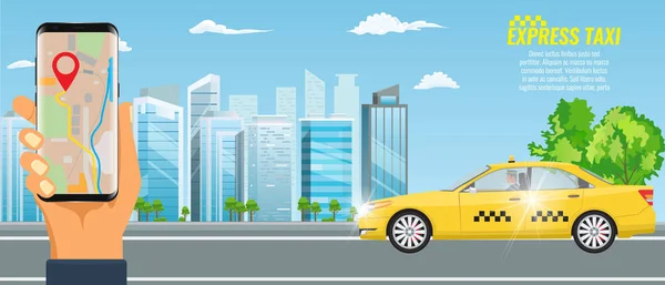 Vector Online Taxi dienstverleningsconcept. Gele taxi cabine en hand met smartphone met taxi toepassing en stad landschap. — Stockvector