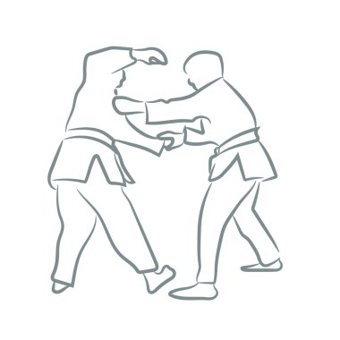 Judo siluet çizgi sanat stili ile simge veya logo. Kroki tasarlamak vektör.
