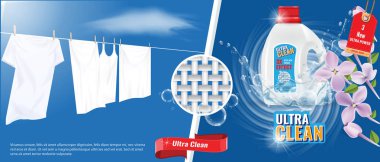 Çamaşırhane deterjan reklamı şablonuyla su sıçrama etkisi, beyaz giysiler ve güzel çiçekler. Vektör çizim.