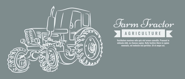 Farm tractor with sketch style line art design. Hand drawn vector illustration.