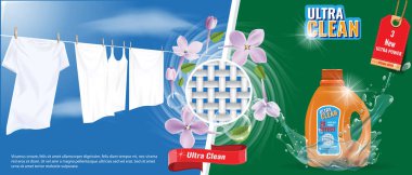 Çamaşırhane deterjan reklamı şablonuyla su sıçrama etkisi, beyaz giysiler ve güzel çiçekler. Vektör çizim.