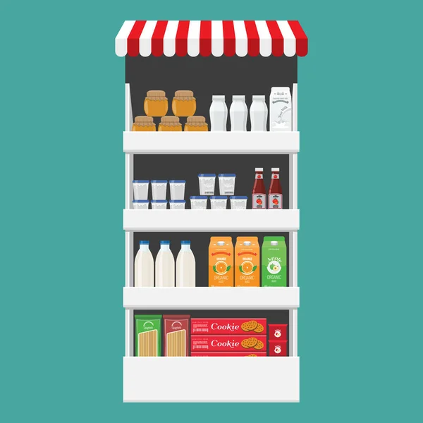 Diferentes productos cajas, paquetes y botellas en el estante en la tienda. Diseño de color plano y sólido . — Archivo Imágenes Vectoriales