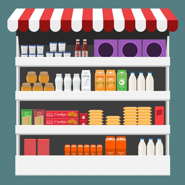 Diferentes productos cajas, paquetes y botellas en el estante en la tienda. Diseño de color plano y sólido . — Archivo Imágenes Vectoriales