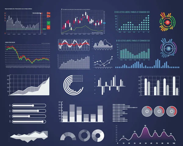 Uppsättning av Intelligent teknik hud gränssnitt. Network management data skärm med olika diagram och diagram. Illustrerade vektor. — Stock vektor