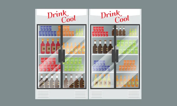 Buzdolabında süpermarket dava birden fazla içecekler ve meşrubatlar ile tam görüntülemek. Vektör Mockup tasarımınız için resimli. — Stok Vektör