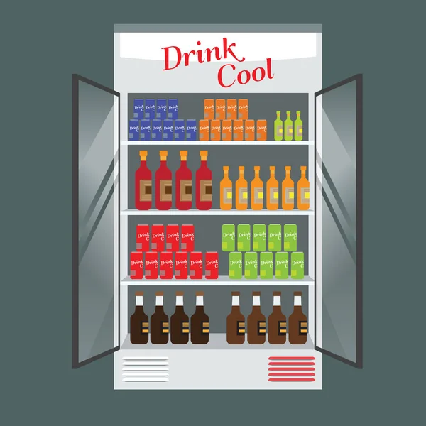 Gekühlte Supermarkt Vitrine voll mit mehreren Getränken und Getränken. bebilderter Vektor für Ihr Mockup-Design. — Stockvektor