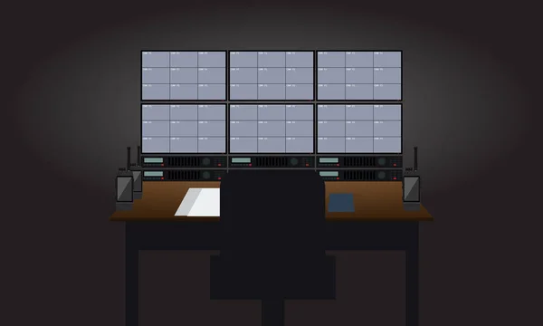 Prázdné místnosti ostrahy pracoviště. Televizní přijímače zobrazeno dohled kamery pohled. Plochý barevný styl vektorové ilustrace — Stockový vektor