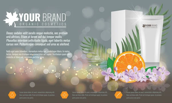 Modelo de cartaz de anúncios de produtos cosméticos. Mockup de beleza cosmética. Pacote de tubo de creme com flores e folha de palma. Ilustração vetorial . — Vetor de Stock