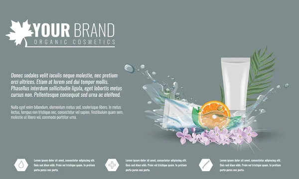 Orange Kosmetik Produktanzeigen Plakatvorlage mit Wasserspritzer. Cremetubus-Paket mit Blumen und Palmblatt. Vektorillustration. — Stockvektor