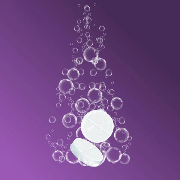 Runde Form von zwei sich auflösenden Medikamentenpillen. Sprudelnde Wasserblasen. Vektorillustration. — Stockvektor