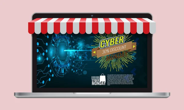 Cyber lunes o viernes negro y tienda en línea concepto de compras pantalla portátil con toldo rayado. Ilustración vectorial . — Vector de stock