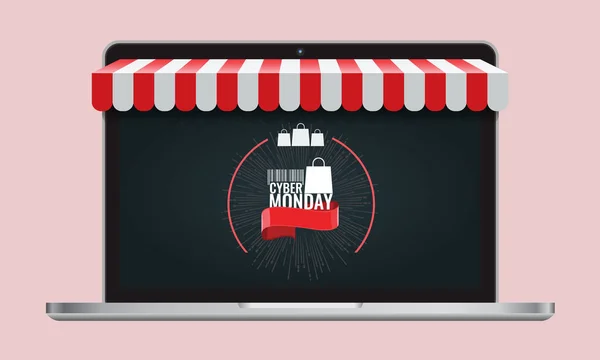 Cyber Monday oder Black Friday und Online-Shop-Shopping-Konzept Laptop-Bildschirm mit gestreifter Markise. Vektorillustration. — Stockvektor