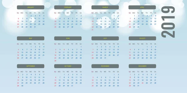 Layout del calendario semplice per l'anno 2019. Bokeh sfondo. Illustrazione vettoriale . — Vettoriale Stock