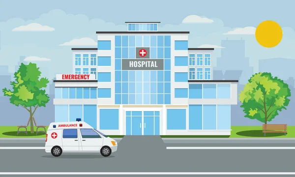 Medisch ziekenhuis bouwen buitenkant met landschap en ambulance stadsauto. Vectorillustratie. — Stockvector