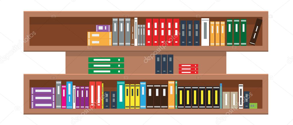 Rural shelf with colorful books in flat and solid color design style vector.