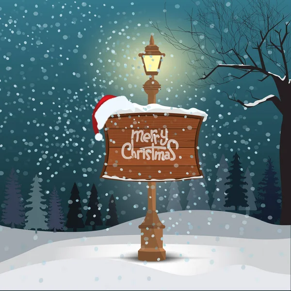 Cartão de saudação de Natal - fundo de paisagem de inverno nevado. Lâmpada de rua e placa de madeira com alegre caligrafia de Natal texto escrito. Ilustração vetorial . —  Vetores de Stock