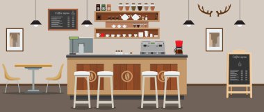 Boş kafe iç. Kahve dükkanı Bar sayacı katı ve düz renk stili ile. Vektör çizim