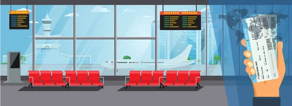 Aeroporto Interior Sala de espera Saída Lounge Conceito Terminal Moderno. Ilustração de vetor de cor plana de alto detalhamento — Vetor de Stock