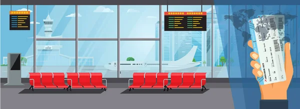 Repülőtér belső utasforgalmi épület indító Lounge Modern terminál koncepció. Magas részletes-lapos színes illusztráció vektor — Stock Vector