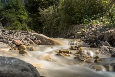 Dağ nehir hızlı akış ve parlak bulanık dalgalar ile. Temiz su içinde büyük yosunlu kayalar.