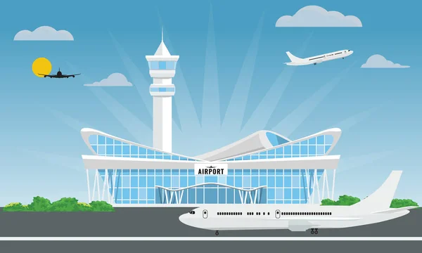 Fresco edificio moderno del aeropuerto en estilo plano y de color sólido. Ilustración vectorial . — Vector de stock