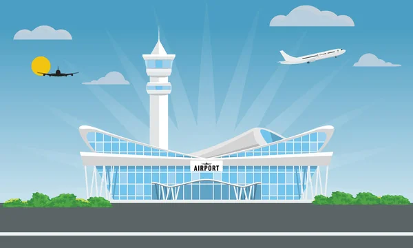Cool modern flygplats byggnad i plana och enfärgad stil. Vektorillustration. — Stock vektor