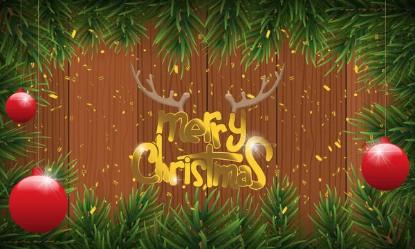 Christmas background or fir border with fir branches, isolated on wood background and golden confetti. Vector illustration. — Stock Vector