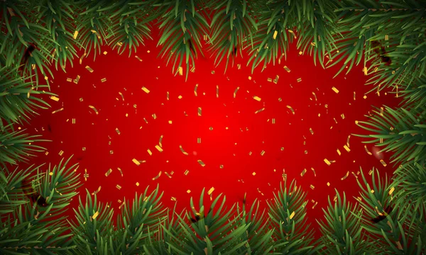Téli üdülés háttér fenyő levél határ. Elszigetelt karácsonyi keret fa ágai és arany konfetti. Vektoros illusztráció. — Stock Vector