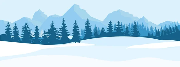 Paysage d'hiver horizontal. Montagnes sapin forêt dans lointain. Illustration vectorielle couleur plate . — Image vectorielle