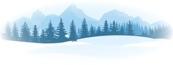 Paisaje horizontal de invierno. Montañas abeto bosque en distante. vector de color plano Ilustración . — Vector de stock