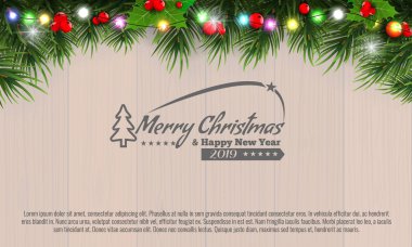 Çam dalları, çam kozalakları, çilek ve ahşap arka plan üzerinde ışıkları ile yatay Noel kenar çerçevelemek. Vektör çizim.