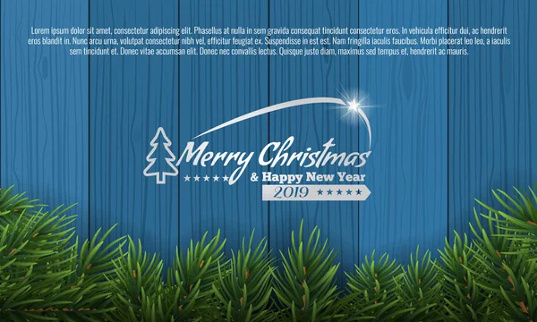 Natale con cornice di bordo ramo di abete sul fondo di sfondo blu in legno. Illustrazione vettoriale per biglietto di auguri . — Vettoriale Stock