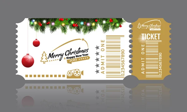 Noel ve yeni yıl partisi bilet kartı tasarım şablonu. Vektör Illustraton. Beyaz ve altın rengi. — Stok Vektör