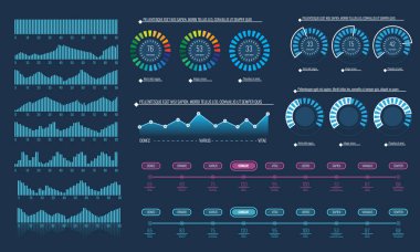 Akıllı teknoloji hud arabirim kümesi. Ağ yönetimi veri ekran farklı grafik ve diyagram ile. Resimli vektör.