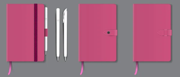 Pink realistic hard cover notebook with red bookmark, ribbon and pen. Vector illustration.