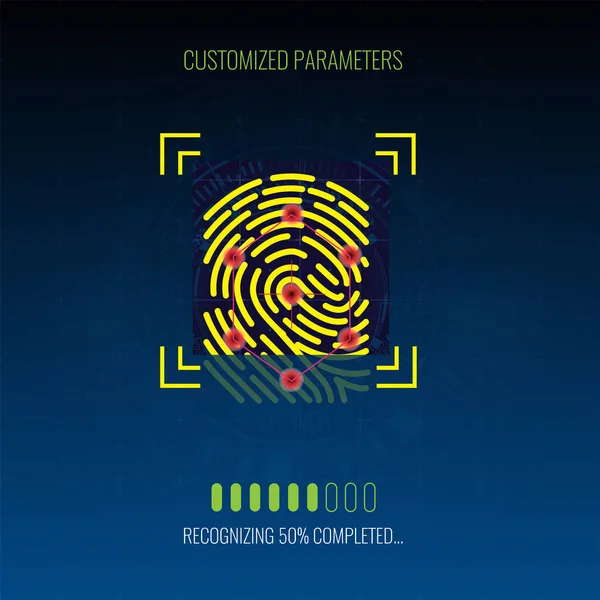 Identificazione della scansione delle impronte digitali e riconoscimento del sistema in corso. Concetto di autorizzazione biometrica. Illustrazione vettoriale . — Vettoriale Stock